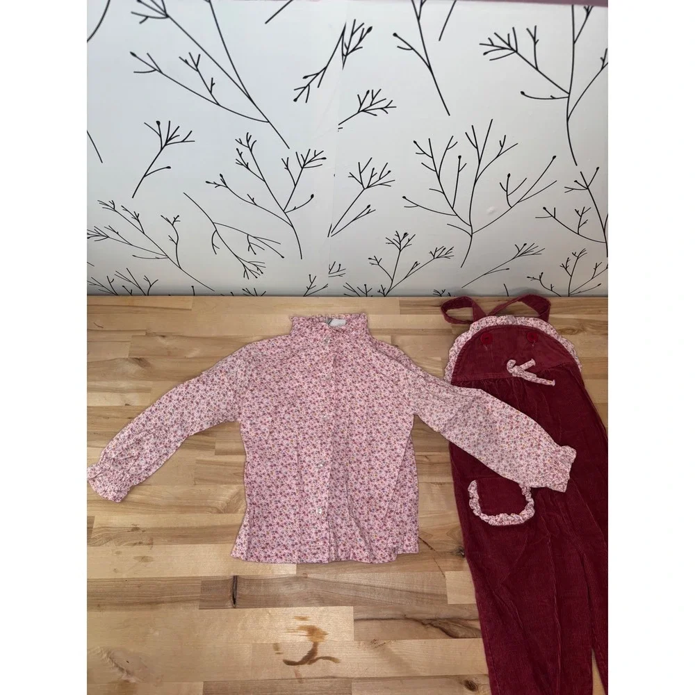 Vintage Doe Spun Girls 4‎ Corduroy Overalls Floral Blouse Set Burgundy Pink USA